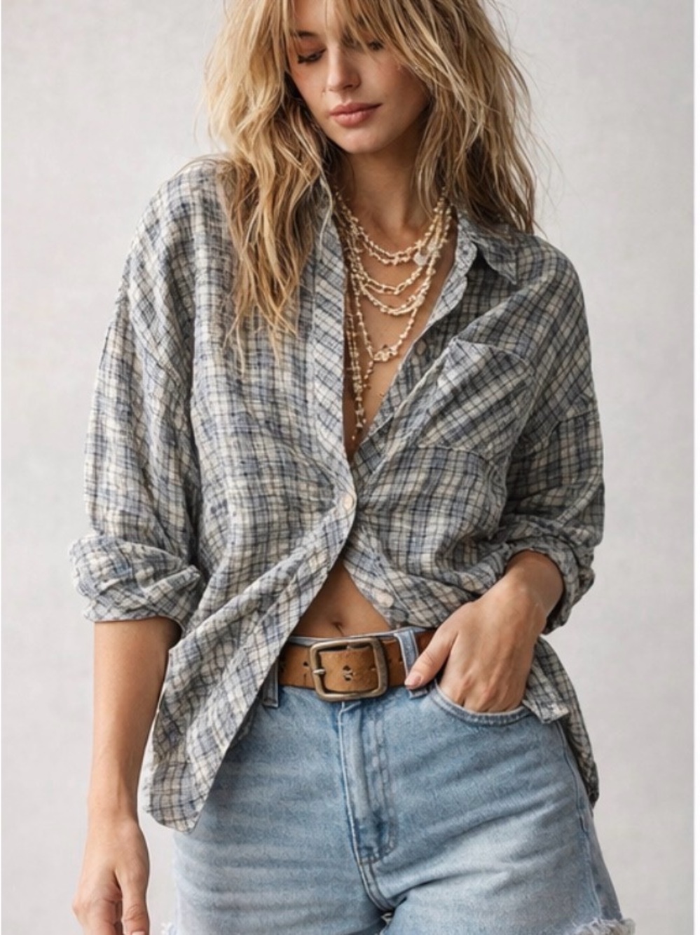 Plaid Button Up Shirt Oversized Grunge Model Off Duty Lightweight